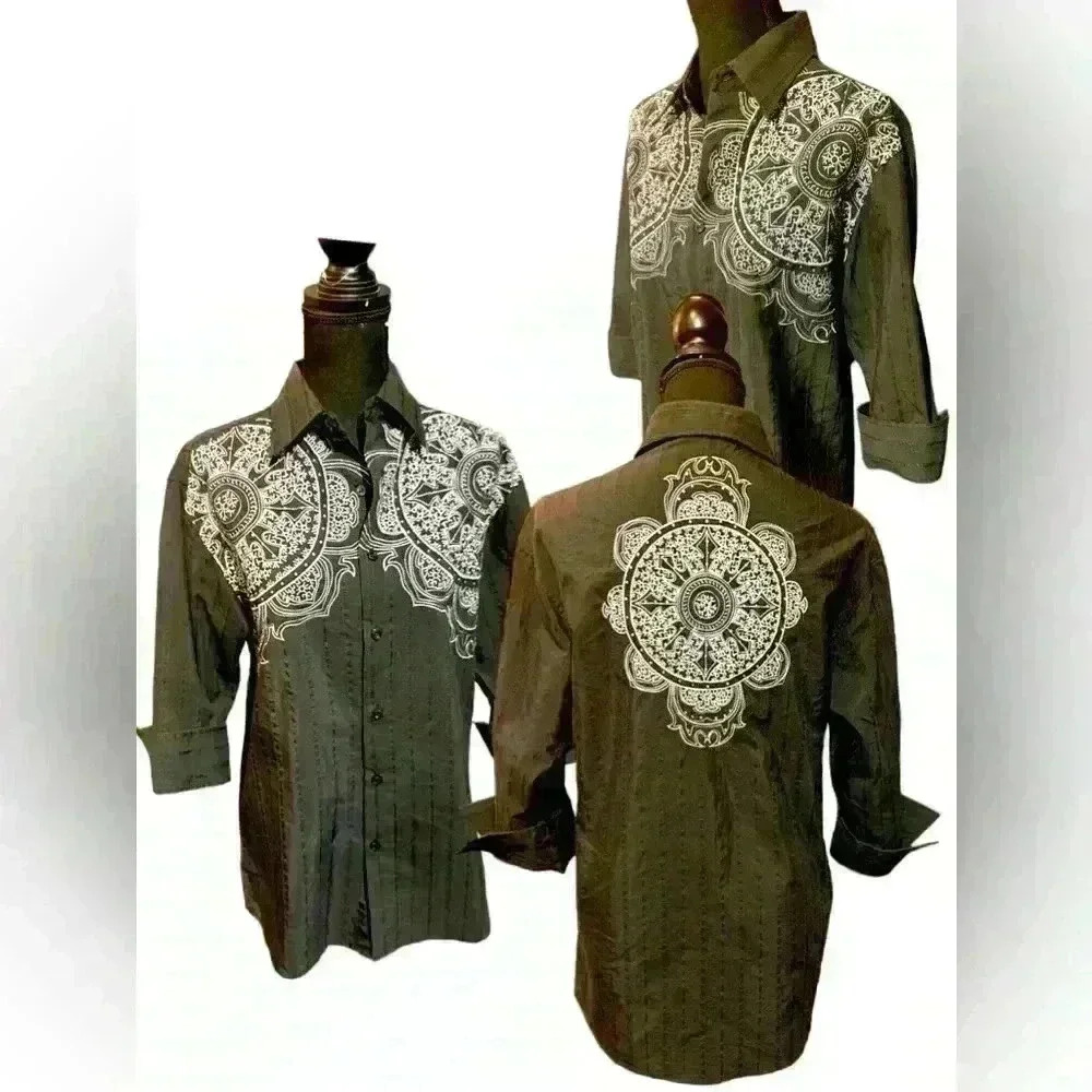 Marini Western Button Up Blouse, Distressed Black w/ White Embroidery size Med